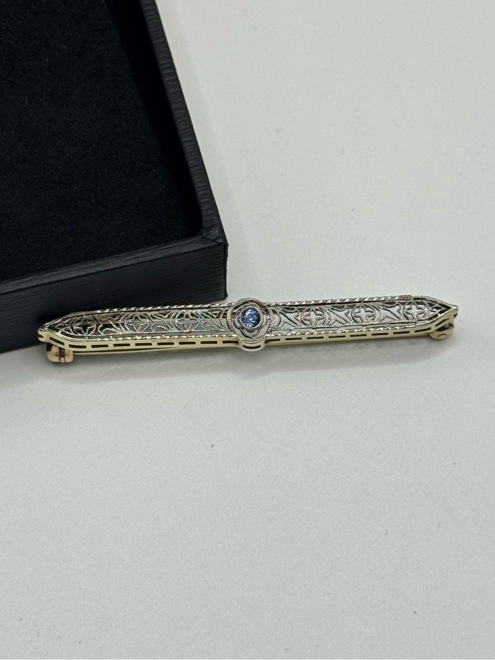 Vintage Platinum & 14k Gold Sapphire Art Deco Stick Pin Brooch - Picture 8 of 12